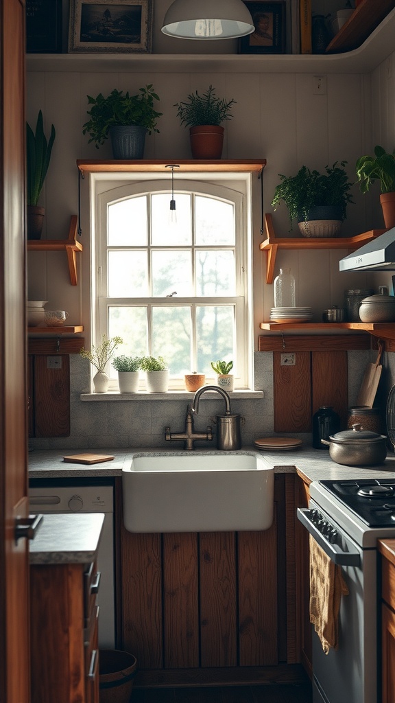 A small rustic kitchen featuring wooden cabinets, a farmhouse sink, and open shelves with potted plants.