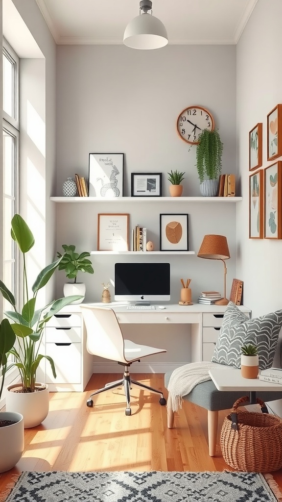 A cozy small home office featuring a desk, chair, plants, and wall art