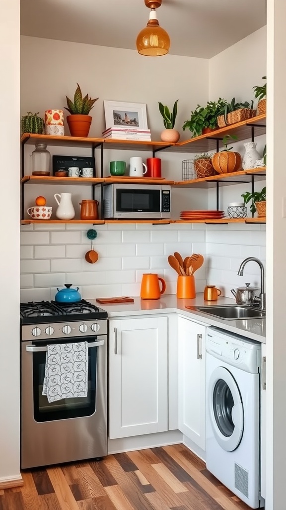 A bright small studio kitchen with open shelves, modern appliances, and colorful decor.