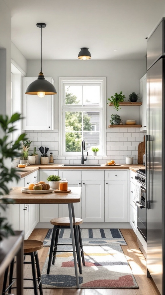 A stylish small U-shaped kitchen featuring gray cabinetry and wooden flooring, illuminated by a pendant light.