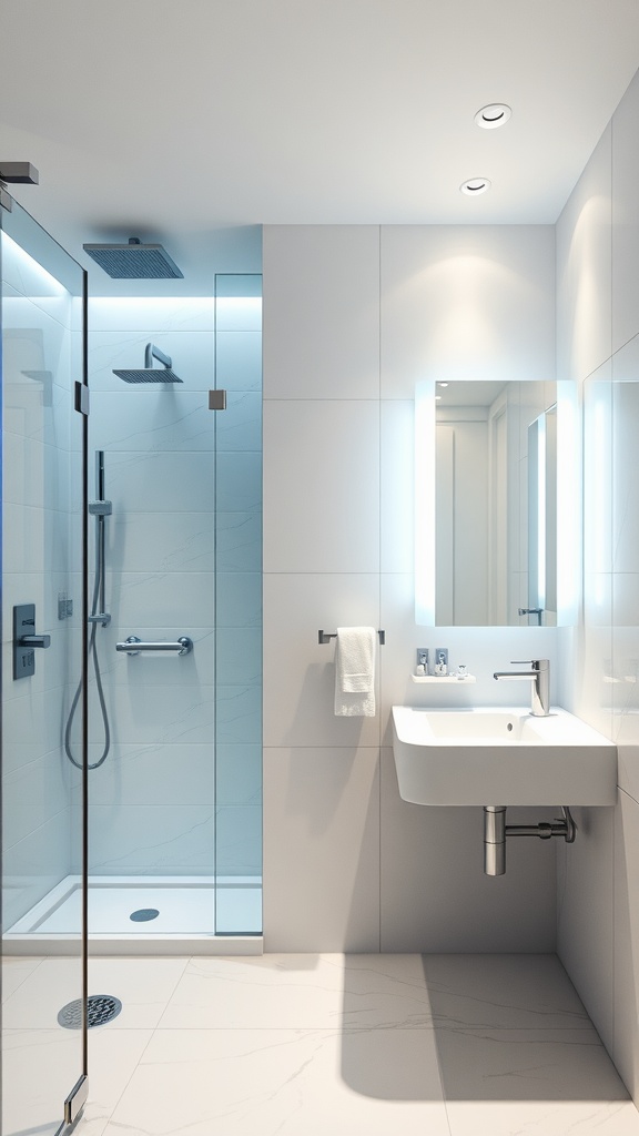 A modern smart bathroom featuring a glass shower enclosure, sleek sink, integrated LED lighting, and a clean, minimalistic design.