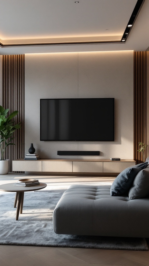Modern luxurious living room with a sleek TV wall design and smart home integration features.