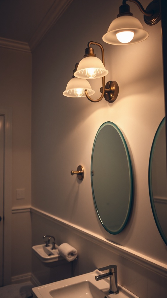 A well-lit bathroom featuring elegant wall sconces and a round mirror.