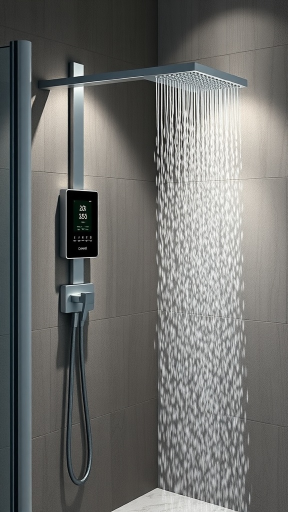 A modern shower system with a rain showerhead and a digital control panel.