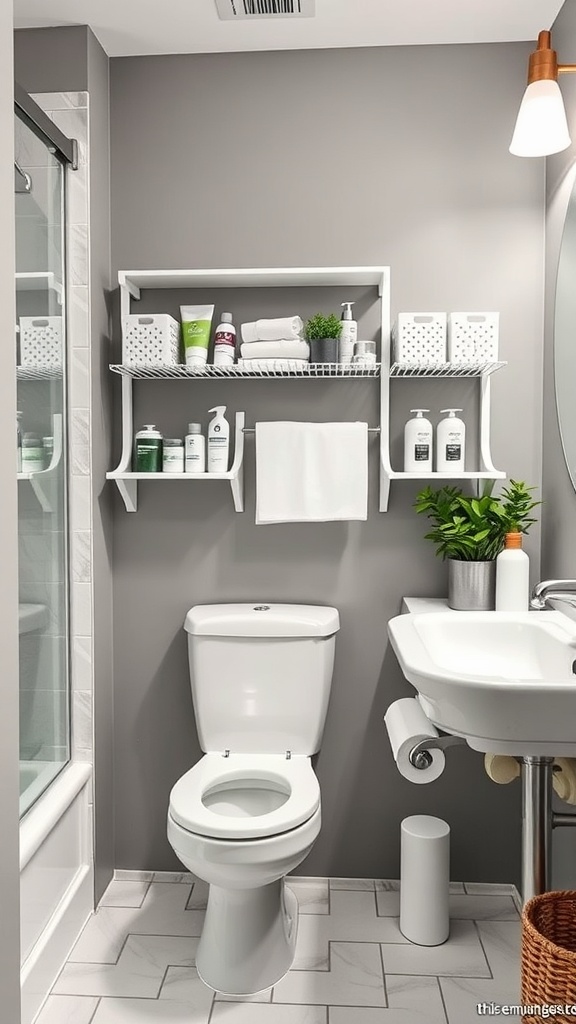 Gray and white bathroom with smart storage solutions including wall-mounted shelves and neatly arranged toiletries.