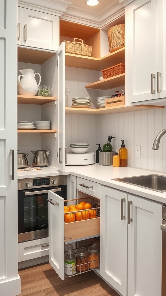 A small kitchen with white cabinets, open shelving, and organized storage solutions.