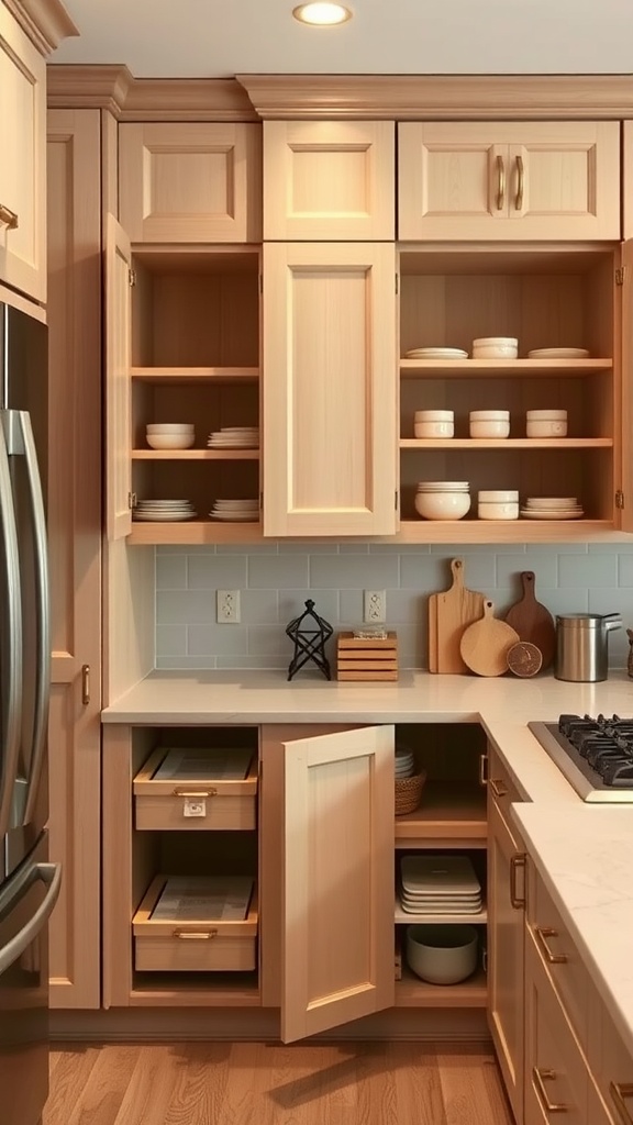 A modern kitchen with light wooden cabinets, open shelving, and smart storage solutions.