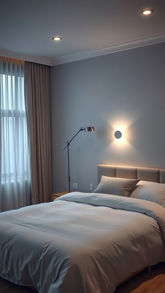 A modern bedroom featuring smart lighting and a cozy design.