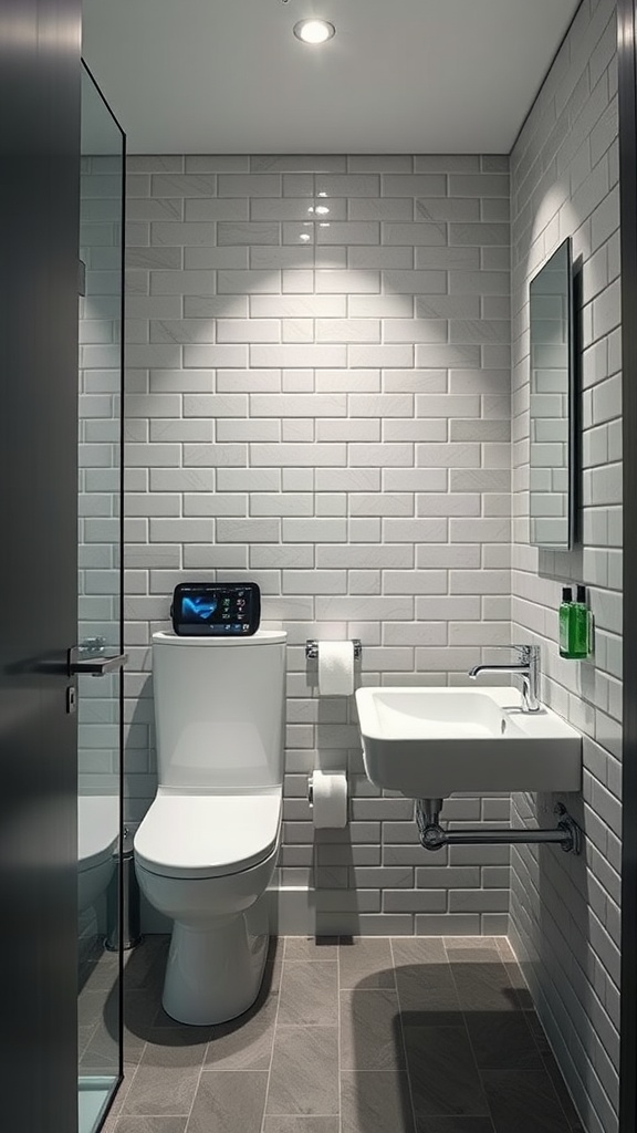 A modern small bathroom featuring smart technology, a wall-mounted sink, and a streamlined toilet.