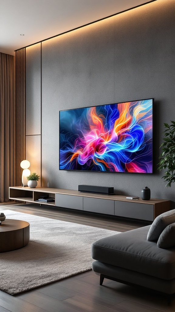 A modern living room featuring a sleek TV wall with vibrant colors, minimalist furniture, and soft lighting.