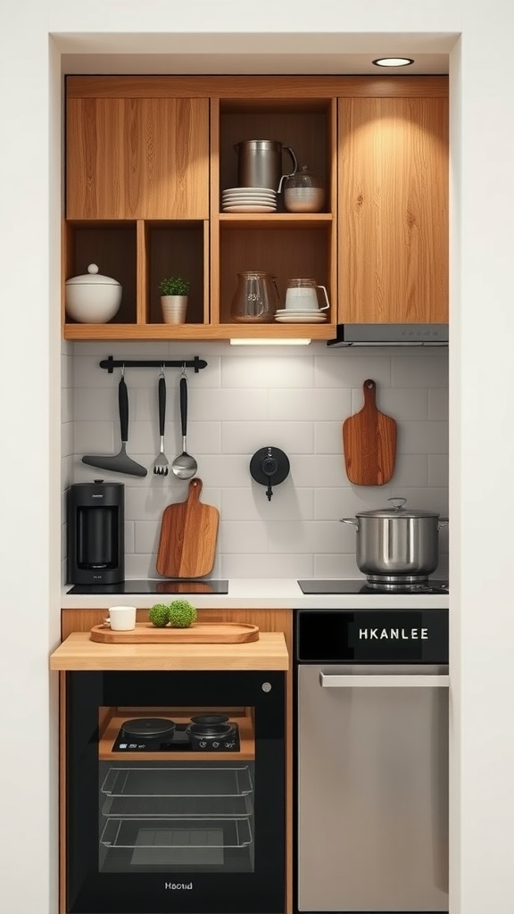 A compact kitchen featuring wooden cabinets, minimalistic design, and smart appliances.