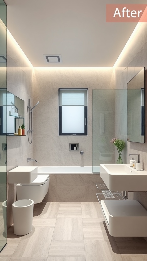 Modern bathroom with smart technology integration featuring touchless faucet, smart lighting, and sleek design.