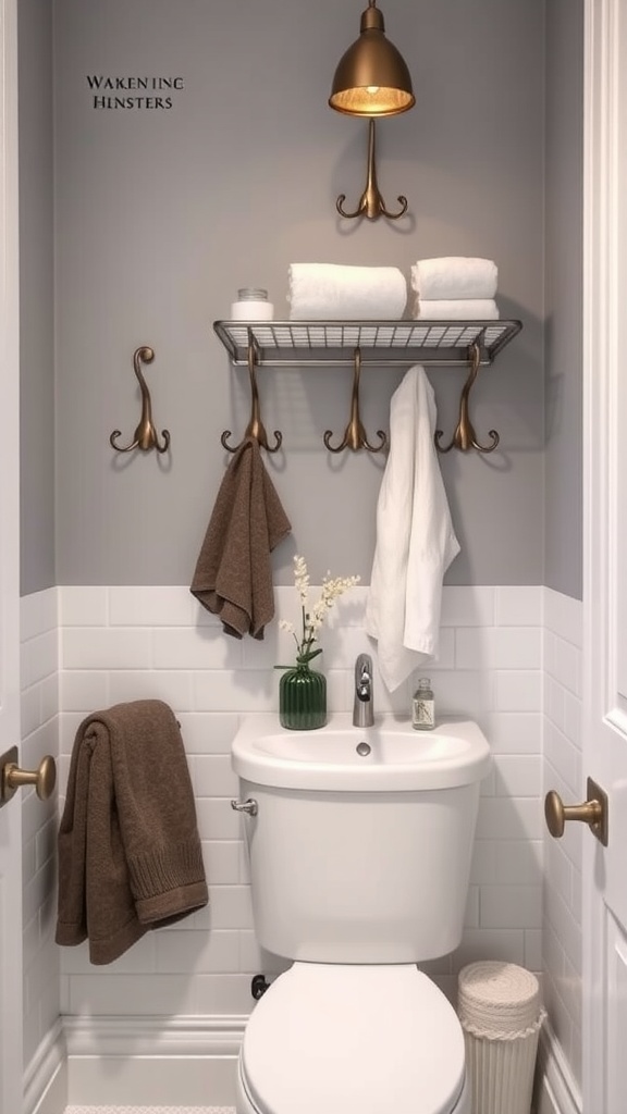 A small bathroom featuring a wall-mounted shelf with towels, decorative hooks, and a plant, demonstrating smart use of space.