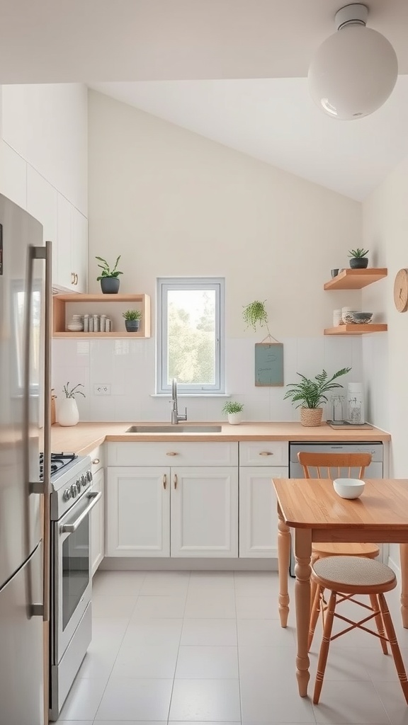 A small kitchen with neutral colors, featuring light walls, wooden countertops, and simple decor.