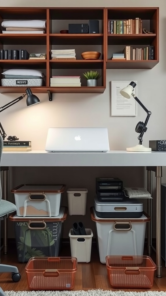 A modern home office setup featuring a desk with organized under-desk storage bins, shelves above, and a laptop.