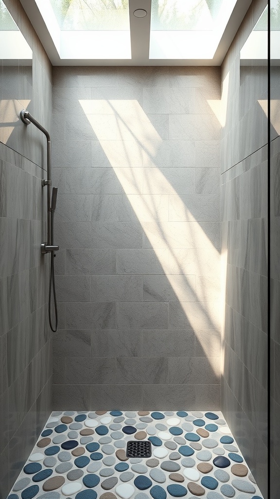 Walk-in shower with smooth pebble tiles and modern wall tiles