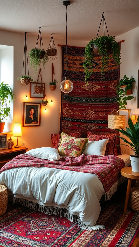 Cozy Boho style bedroom with plants and vibrant decor.