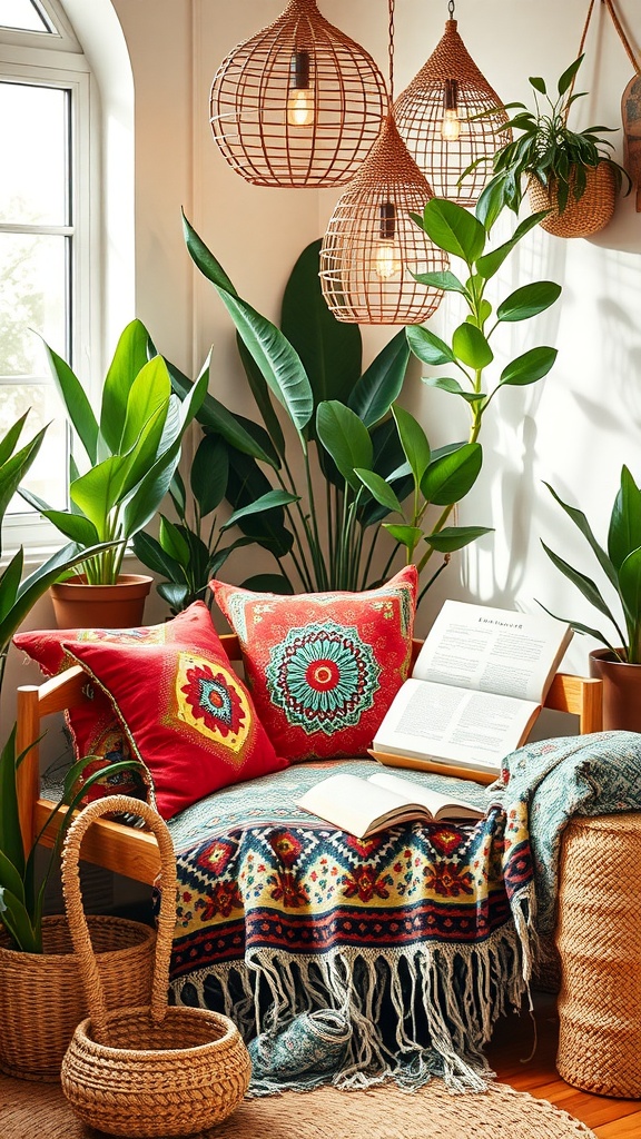 A cozy nook with colorful cushions, plants, and warm lighting