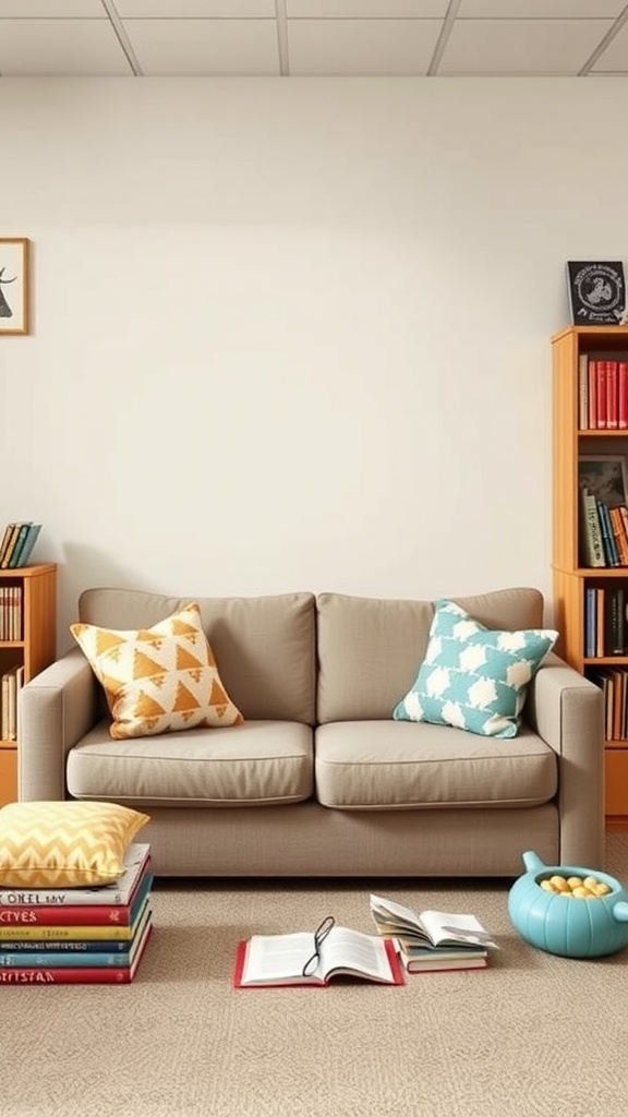 A cozy classroom reading corner featuring a soft sofa with colorful cushions, stacked books, and a warm atmosphere.