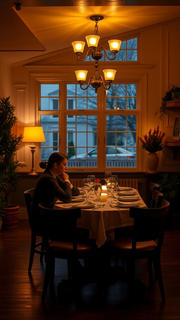 A cozy dining room with soft ambient lighting, featuring a woman sitting at a table set for dinner.