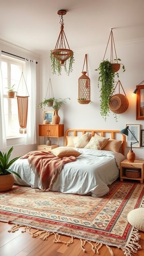 Cozy boho style bedroom with hanging plants, warm colors, and a vintage rug