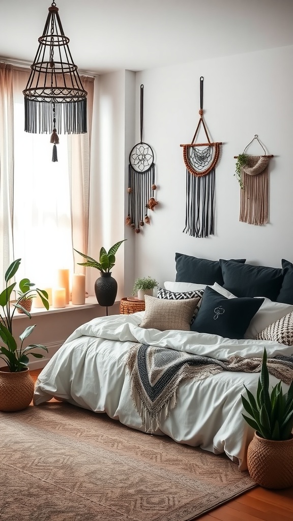 Cozy black boho bedroom with white linens, decorative wall hangings, and green plants