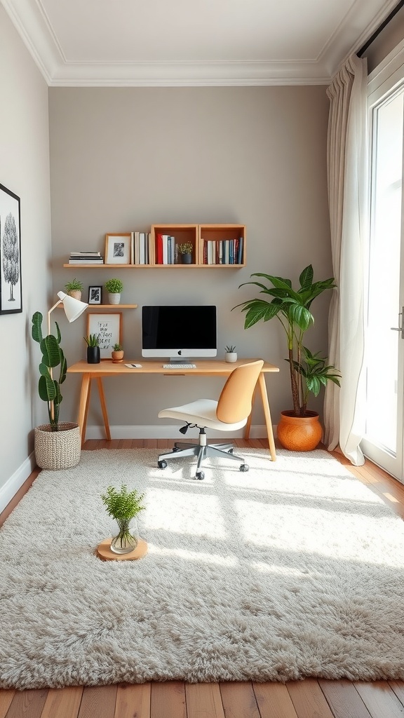 A cozy home office with a soft area rug, plants, and a desk.