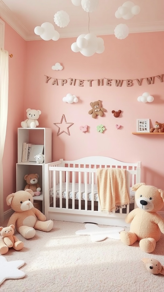 A cozy nursery featuring soft blush pink walls, a white crib, and plush toys.