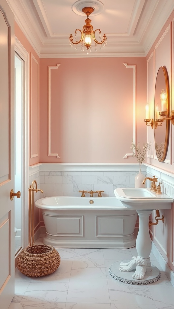 A bathroom featuring soft blush pink walls with gold accents, a white bathtub, and a chic sink.