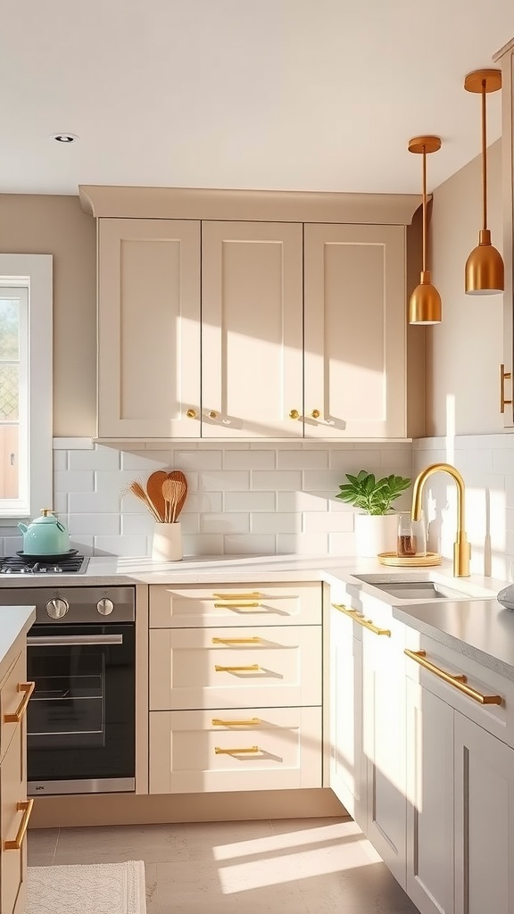 A modern kitchen with soft color tones and gold accents, featuring white cabinets and a gold faucet.