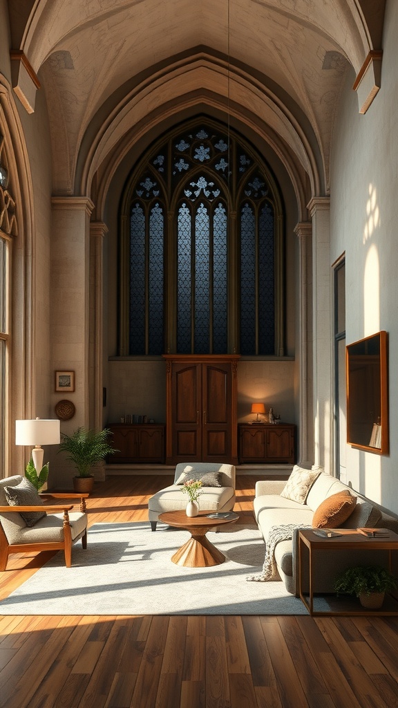 A cozy living room with high Gothic windows, wooden furniture, and soft earth tones.