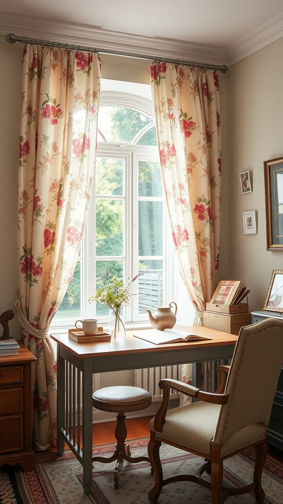 Cozy home office with floral curtains and wooden desk.
