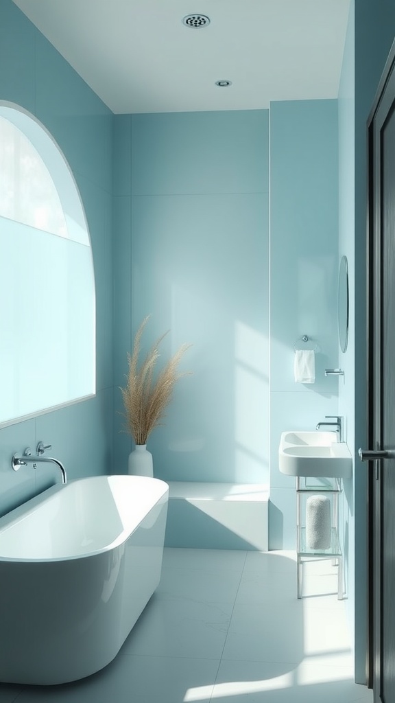 A modern bathroom featuring soft frosted blue walls with a white bathtub and sink.