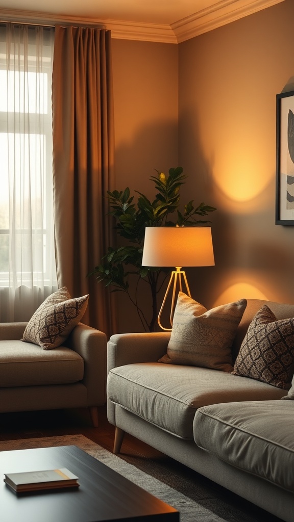 A cozy living room with soft golden glow from a table lamp, featuring neutral furniture and decorative cushions.