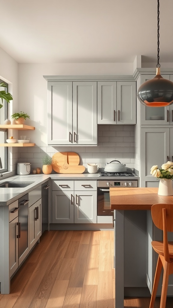 A modern farmhouse kitchen featuring soft gray cabinets, wooden flooring, and plants, creating a warm and welcoming atmosphere.