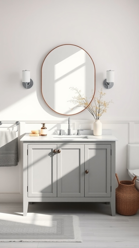 A modern bathroom vanity in soft gray with a round mirror and stylish lighting