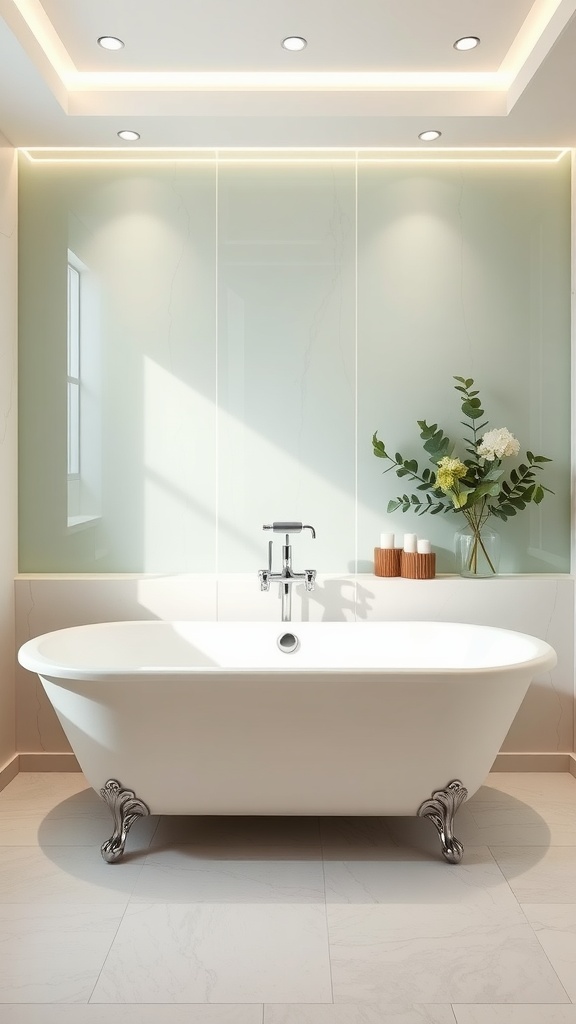 A modern bathroom featuring a soft green backsplash behind a white freestanding bathtub, accented with natural elements.