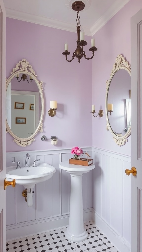 A small powder room with soft lavender walls, a white pedestal sink, a decorative mirror, and black and white checkered flooring.