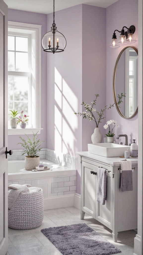 A bathroom featuring soft lavender walls, gray wainscoting, and wooden accents, creating a tranquil atmosphere.