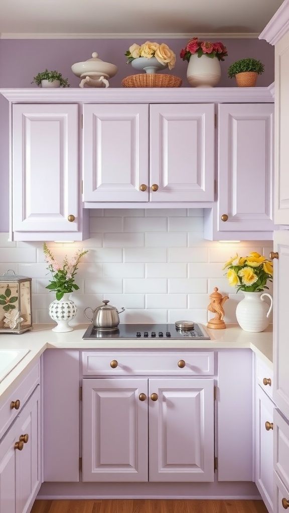 Kitchen with soft lavender cabinets and white accents, featuring decorative items and flowers.