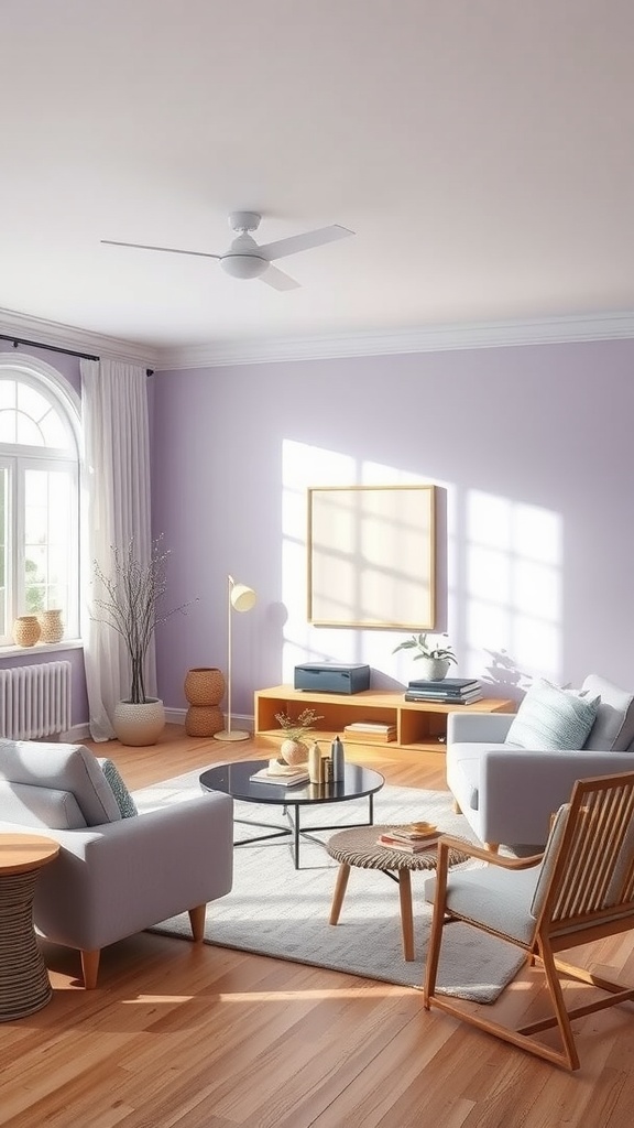 Living room painted in soft lavender with wooden floors and modern furniture