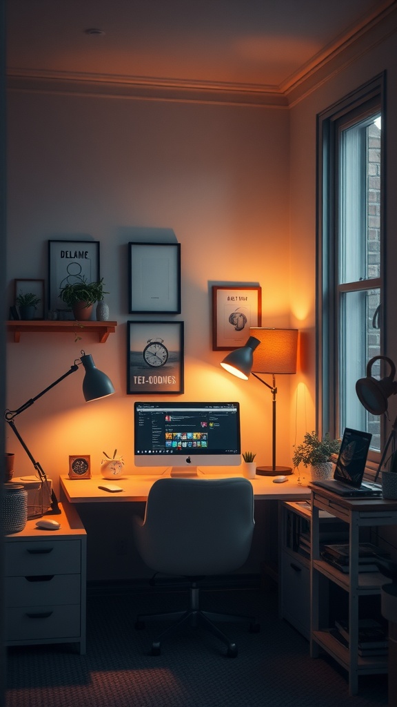 A cozy feminine home office with soft lighting, featuring a desk, a computer, and decorative elements.