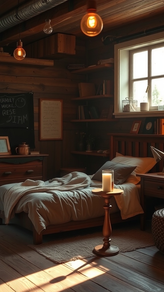 A rustic bedroom featuring warm lighting from hanging bulbs and a candle on a bedside table.