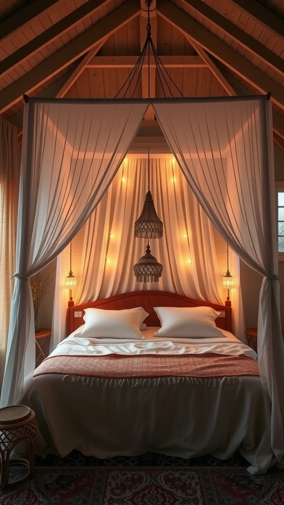 A serene boho bedroom featuring a canopy bed with soft lighting.