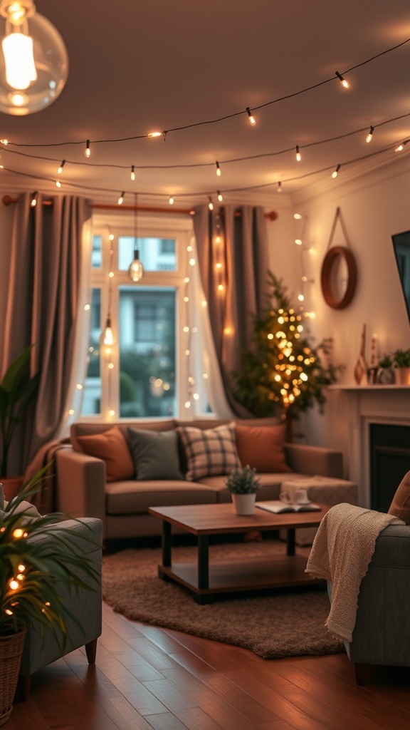 A cozy living room with string lights hanging from the ceiling, creating a warm and inviting atmosphere.