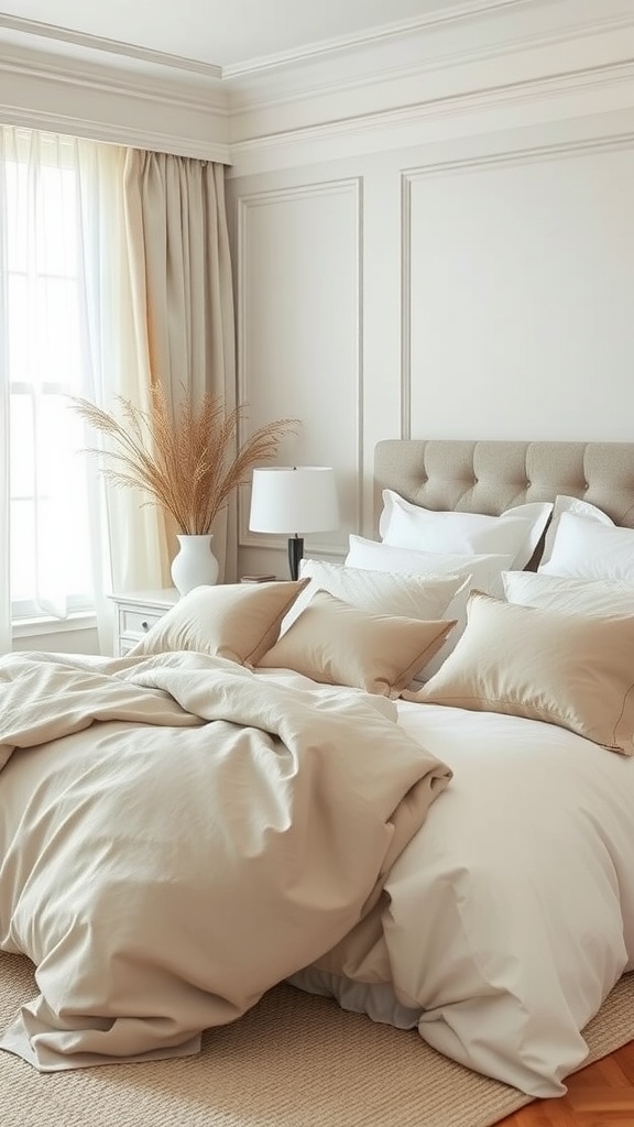 A cozy master bedroom featuring soft linen bedding layers, plush pillows, and a warm color palette