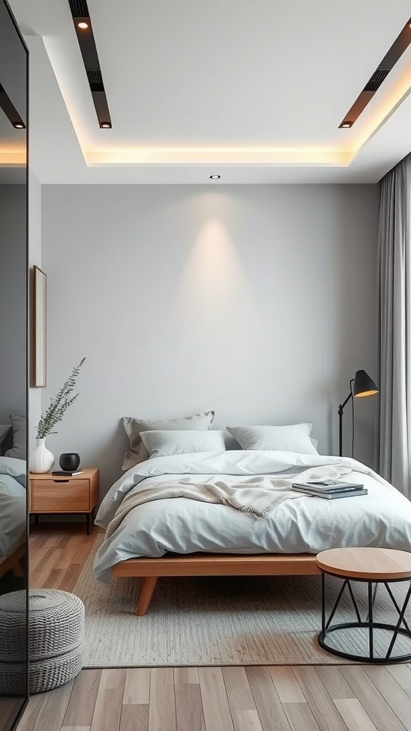 A modern bedroom featuring Soft Mist Gray walls, simple furniture, and soft bedding.