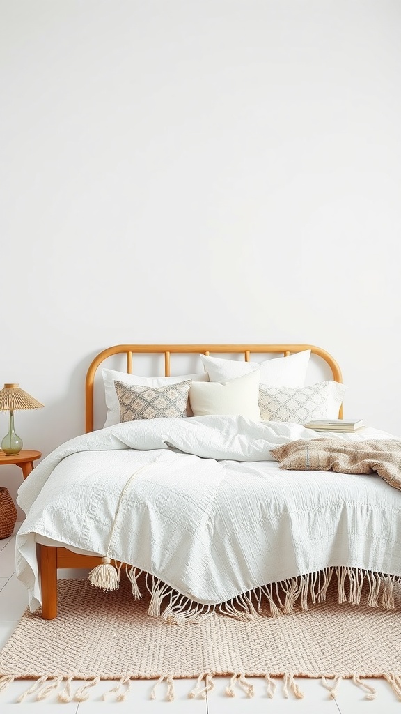 A cozy bed with a light textured blanket, soft cushions, and a woven rug, showcasing a soft monochrome style.