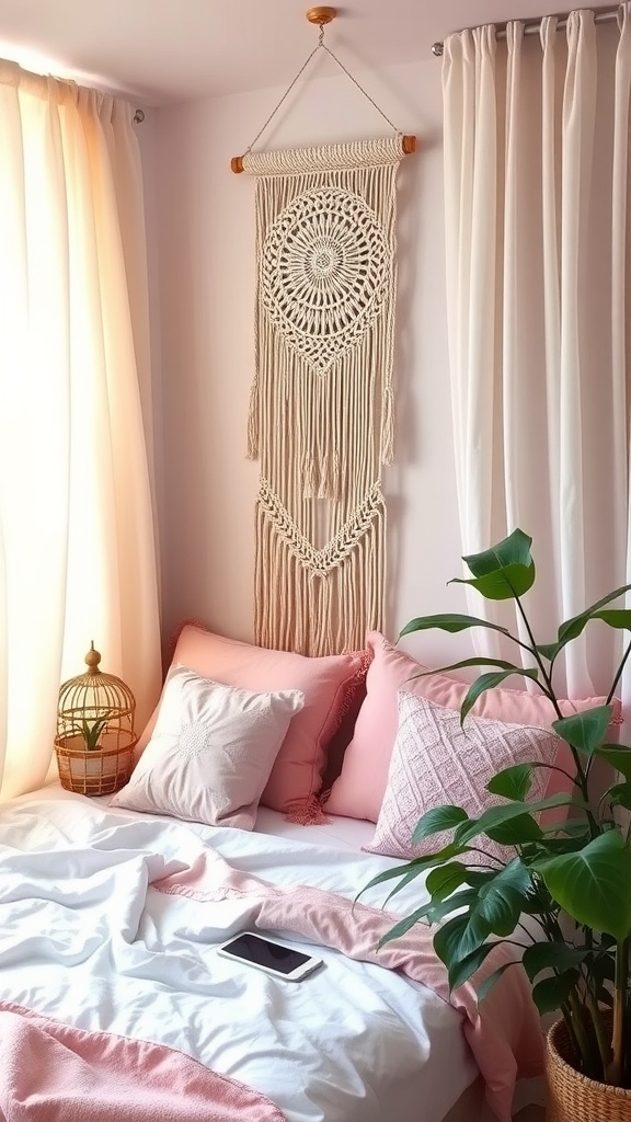 A cozy pink boho style bedroom featuring a macramé wall hanging, pink pillows, and a potted plant.