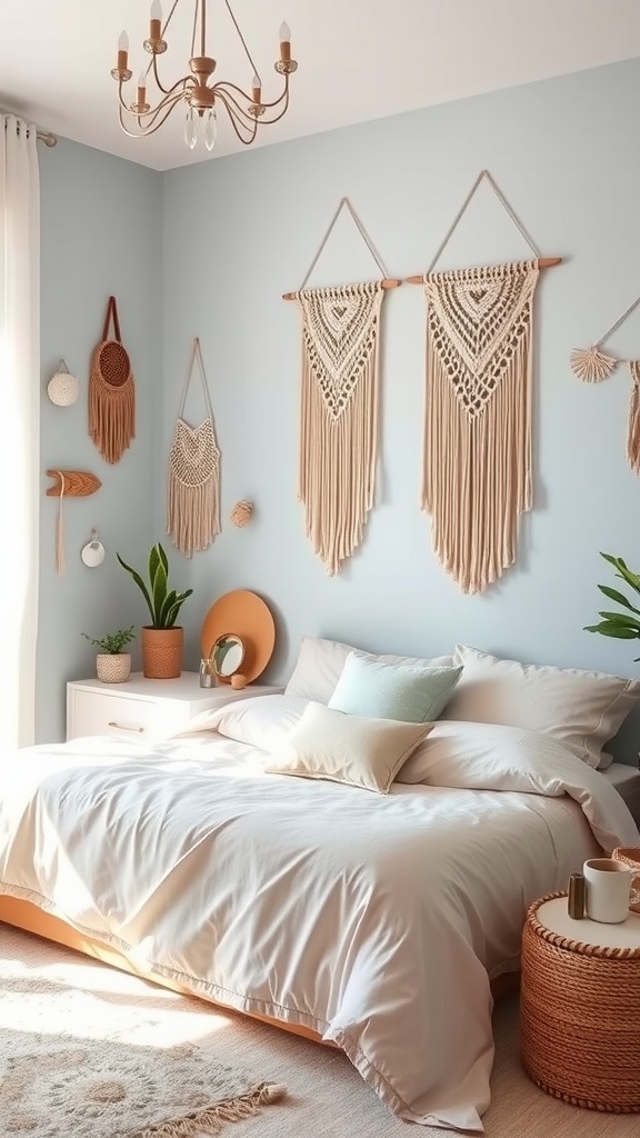 A serene light blue boho bedroom featuring soft bedding, macramé wall decor, and potted plants.